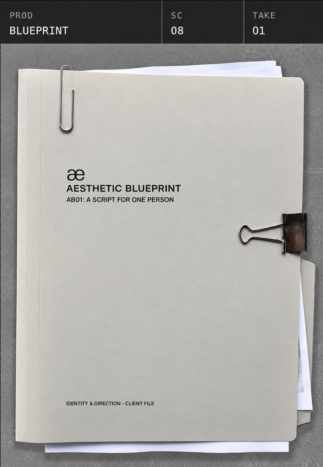 The blueprint as a printed client file, clipped and numbered