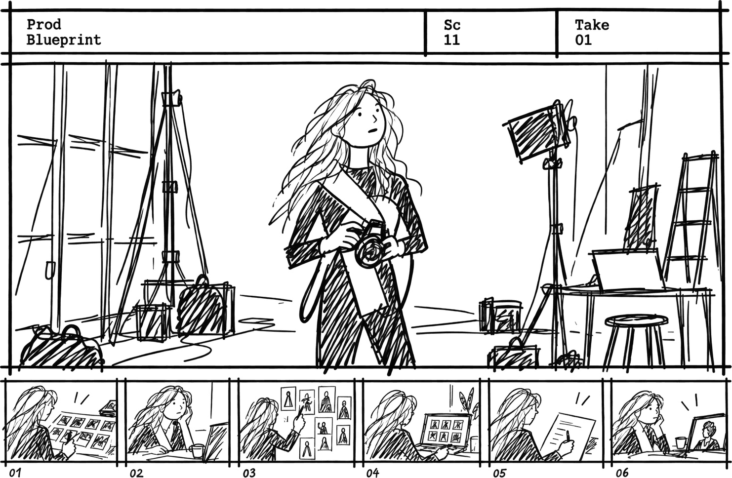 Storyboard sheet: the shoot in the main frame, scene 11 take 01, and six frames of a month's work below